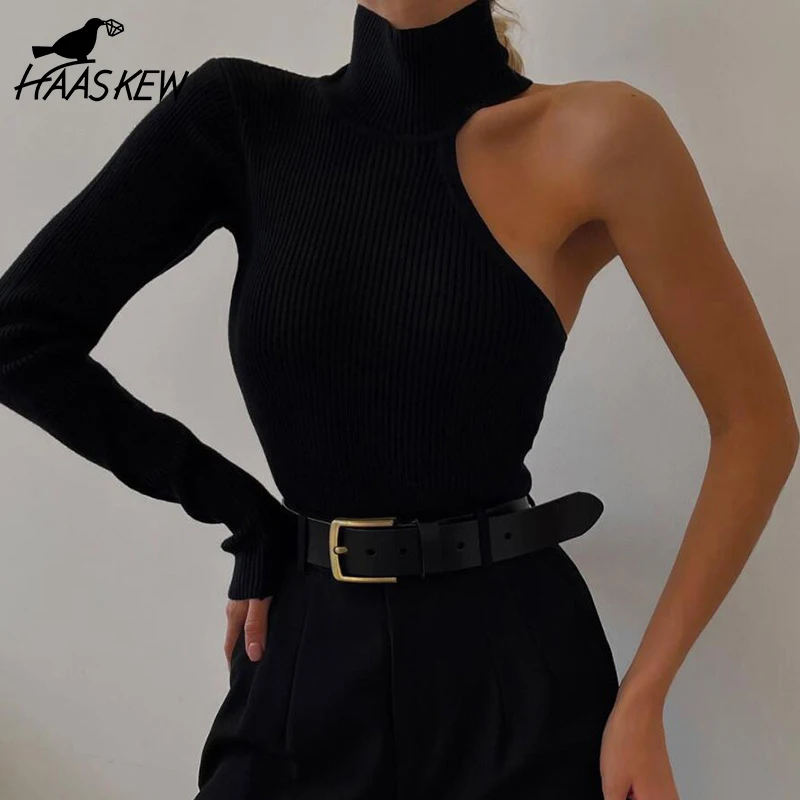 

HAASKEW Black High Neck One Shoulder Knitted Bodysuit Women's Turtleneck Sexy Stylish Long Sleeve Bodies for Women Female Jumpsu