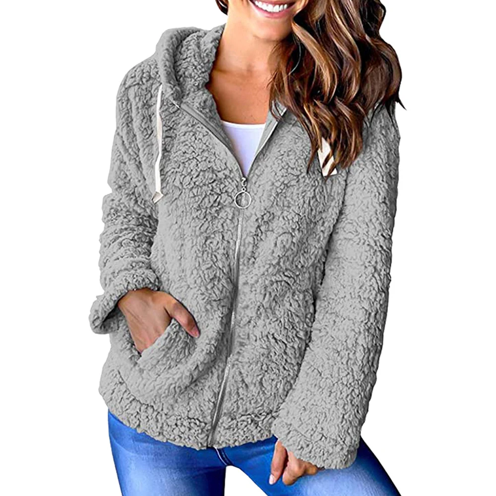 

VICABO Jackets for Women Fleece Hooded Coat Zip Up Pockets Winter Warm Teddy Fluffy Sweatshirt Female Coats