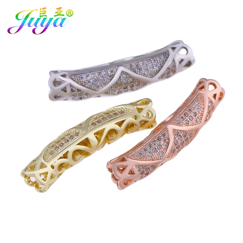 Juya DIY золотые/серебряные/розовые золотые разделительные бусины, поставки, микро проложенные циркониевые изогнутые трубчатые бусины для изготовления ювелирных изделий из натурального камня и жемчуга