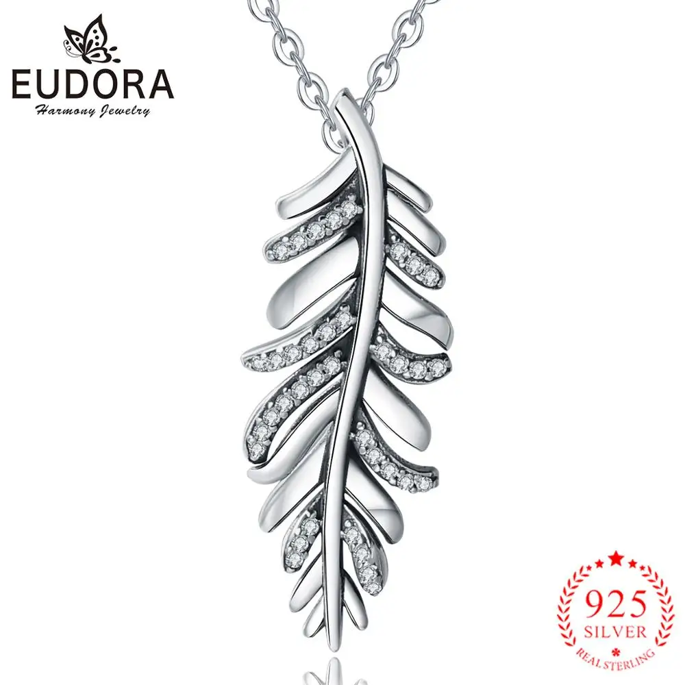 

EUDORA Authentic 925 Sterling Silver Good Lucky Leaf Pendant Necklace Charms with Clear CZ Vintage Jewelry for women girl D485