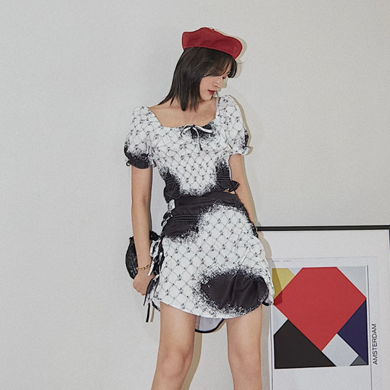 

XIZIHUPAN Vintage Print Two Piece Set For Women Square Collar Short Sleeve Top High Waist Lace Up Mini Skirt Slim Sets Females