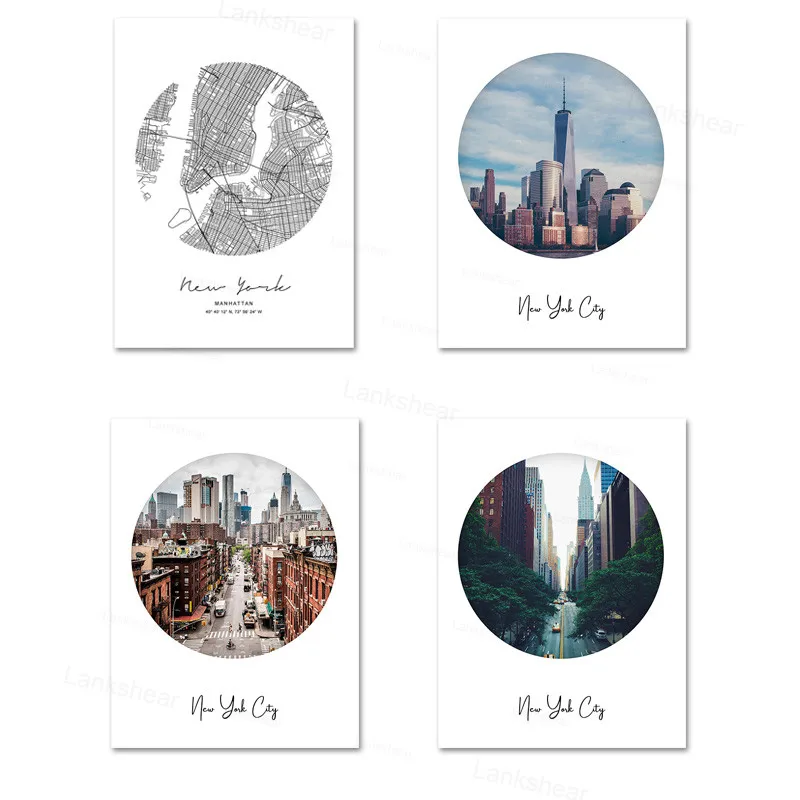 Холщовый постер с изображением пейзажа Нью-Йорка черно-белая карта в