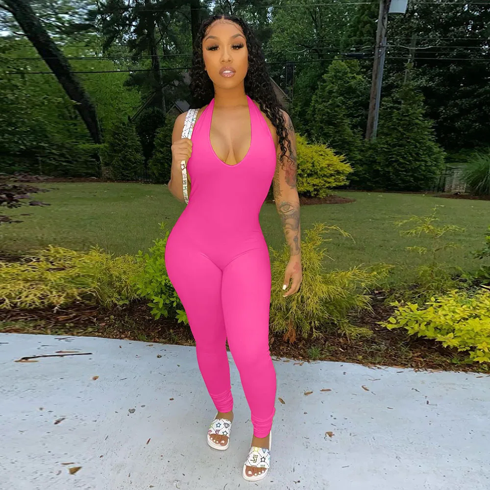 

Halter Neck Backless Rompers Womens Jumpsuit Summer Off The Shoulder Sleeveless Skinny Catsuit Activewear Stretchy Sport Outfit
