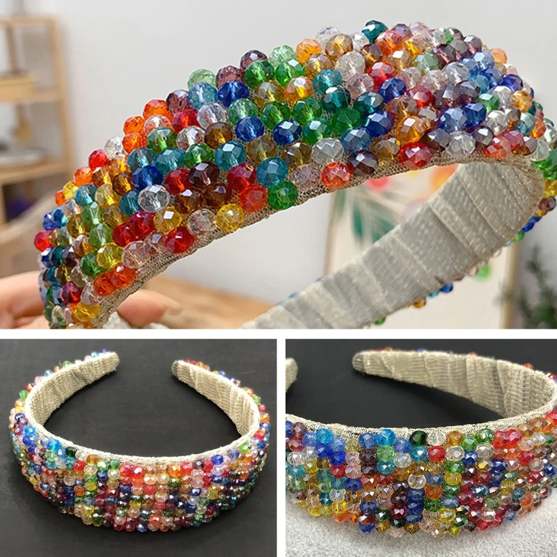

Baroque Bohemian Jewelry Wide Headband Rainbow Colorful Faux Crystal Beading Hair Hoop Vacation Dance Party Headdress