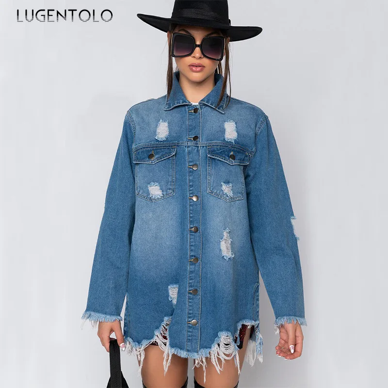 

Women Denim Coat Fashion Frayed Tassel Spring Autumn Casual Jackets Pocket Lapel Single-breasted Street Loose Coats