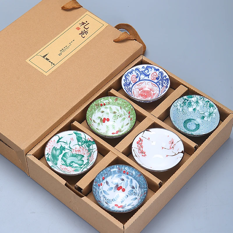 

WHYOU 6piece/Lot Vintage Teacups 80ml Blue and White Retro Drinkware Chinese Kung Fu Teaware Set Gift Package