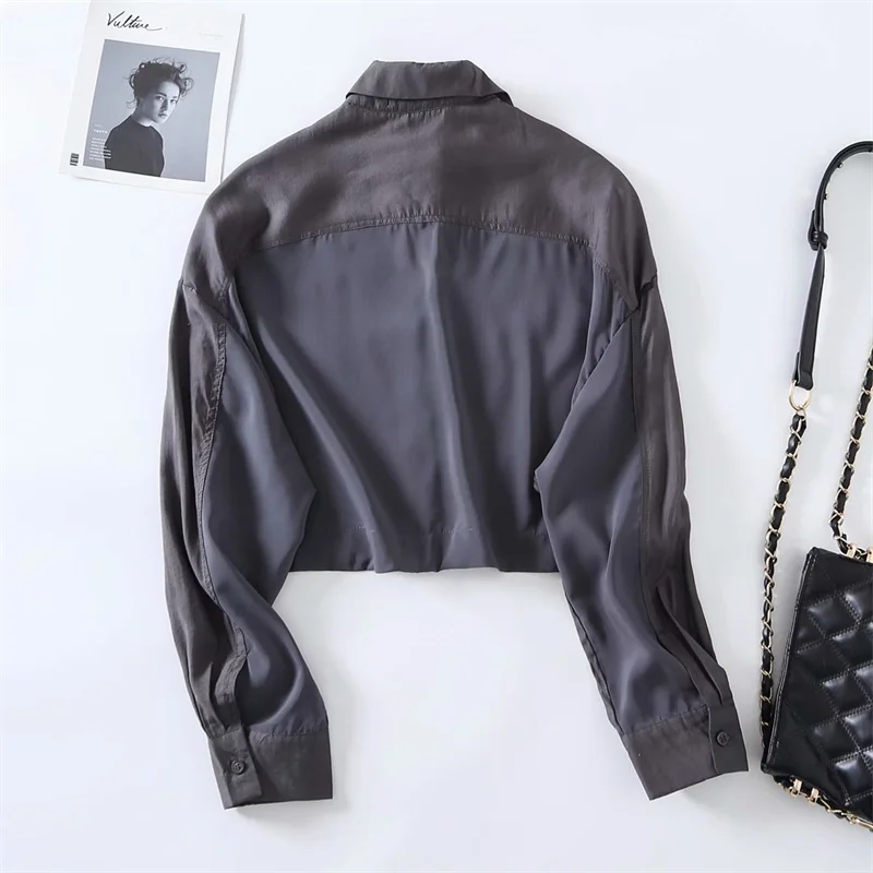 

Za Summer Woman Black Shirt 2021Vintage Cropped Top Lapel Long Sleeve Blouses Fashion Button Asymmetric Hem Casual Women Shirts