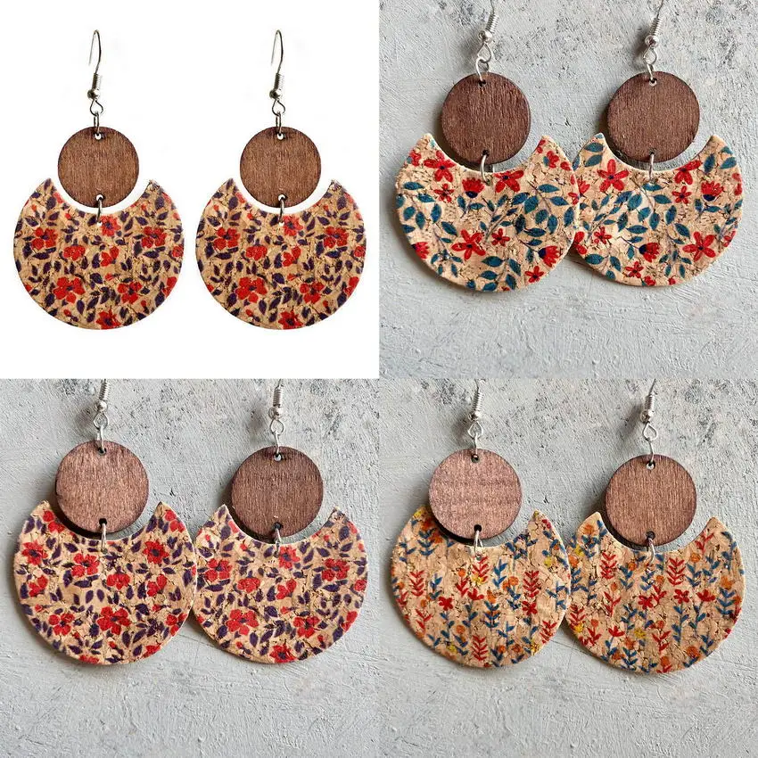 

Round Wood Disc and Flower Print Cork Crescent Moon Earrings 2022 Lunar Earrings Rustic Jewelry Free Shipping