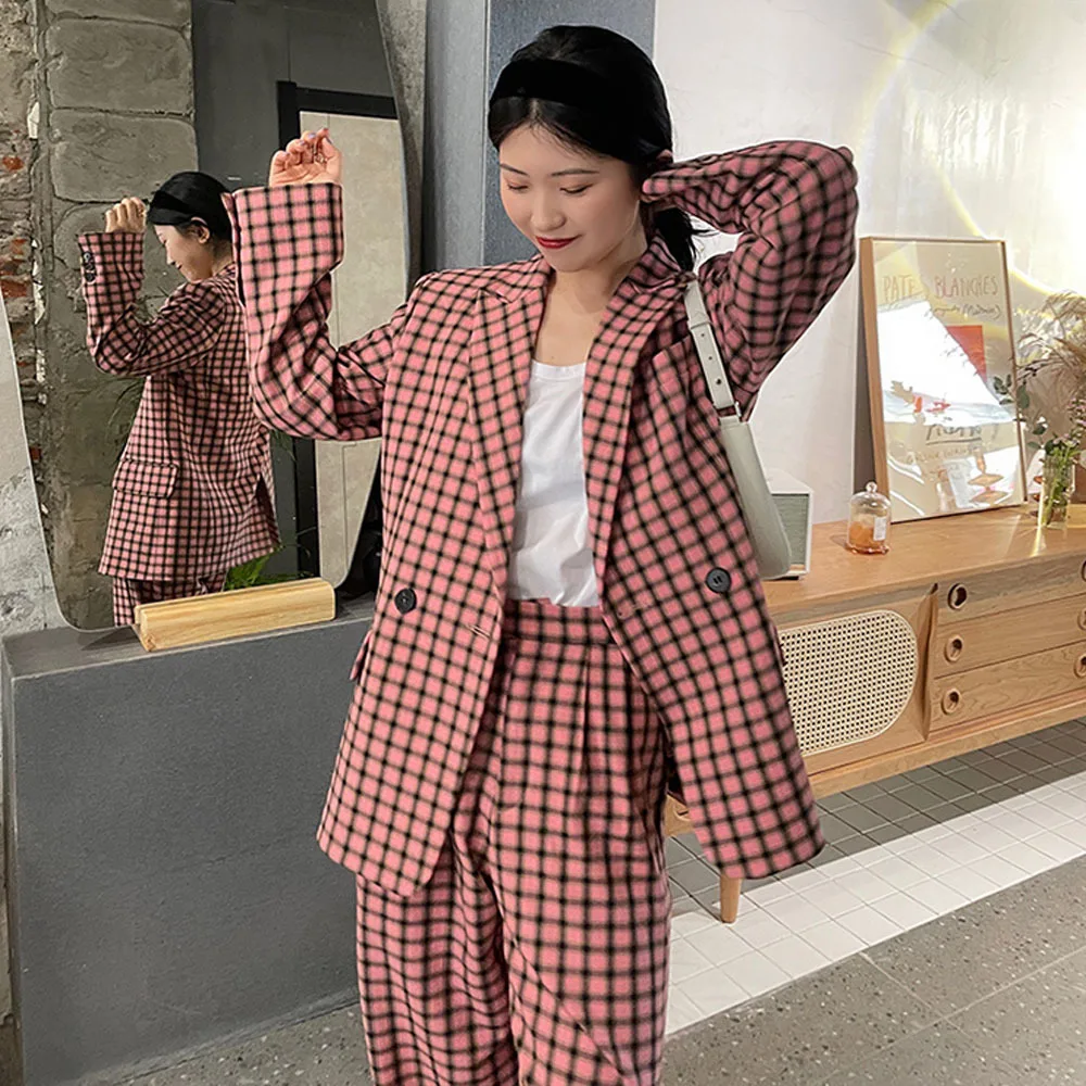 

Spring Autumn 2021 New Wide Leg Pants Pink Plaid Big Size Two Piece Suit New Round Neck Long Sleeve Women Fashion Tide