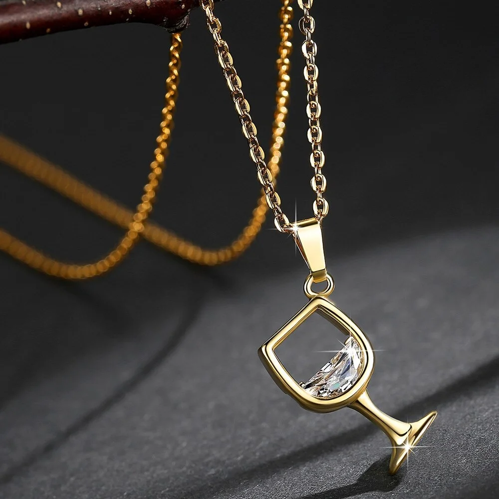 

Rose Gold Wine Glass Shape Hanging Pendant Necklace Setting Cubic Zirconia Link Chain Silver Plated Necklace for Women Jewelry