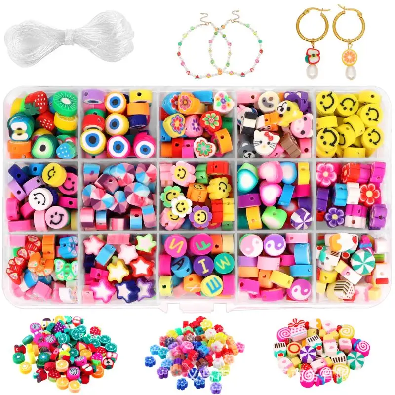 300pcs 10mm Polymer Clay Beads Kit For DIY Bracelet Necklace Soft Clay Smile Face Flower Fruit Cute Clay Beads For Jewery Making