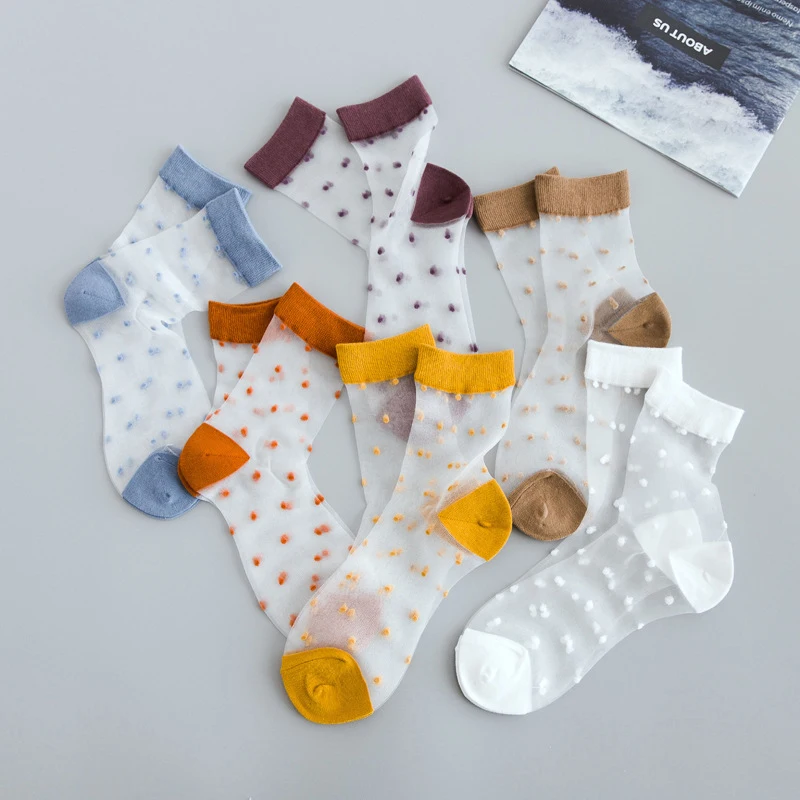 

1Pair Women Socks Short Sock Polka Dot Mesh Elastic Hosiery Silk Candy Color Fashion Casual Transparent Ankle Socks Invisible