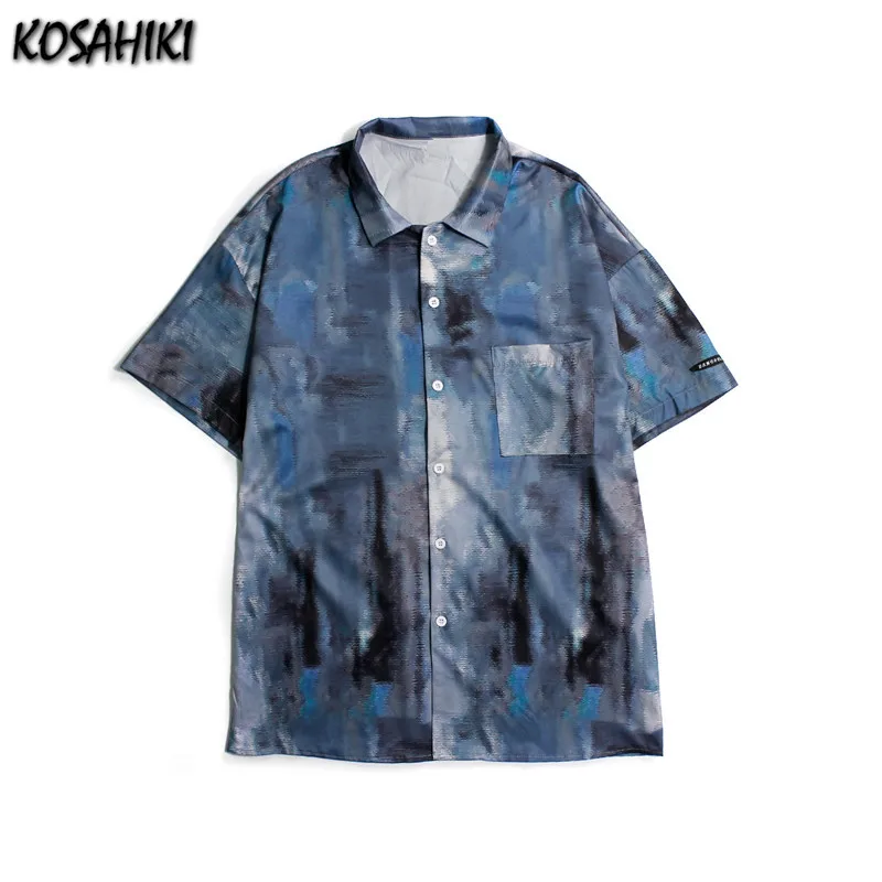 

KOSAHIKI Harajuku Shirt Blusas Female Ulzzang Short Sleeve Women Men Blouse 2021 Summer Tie Dye Printing Blouses Korean Tops
