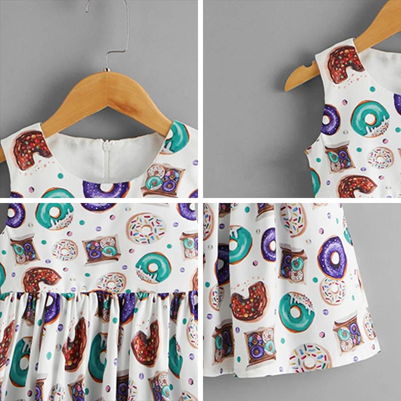 

Girls Casual Dresses 2021 New Summer Girl Costumes Sleeveless Kids Donuts Print Vestidos Cotton Children Clothing 2-6Y