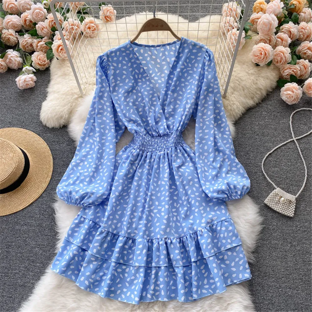 

Women Ruffle Autumn Dress Fashion V Neck Long Sleeve Beach Dresses Elegant Short Vestidos Female Robe Woman Clothing 2021