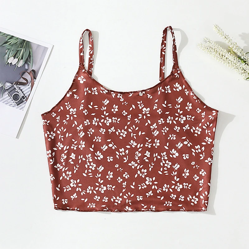 

Girlchic Sweet Slim Fashion Simple Floral Crop Top Sleeveless Spaghetti Straps Casual Basic Soft Camisole Tops Women Summer