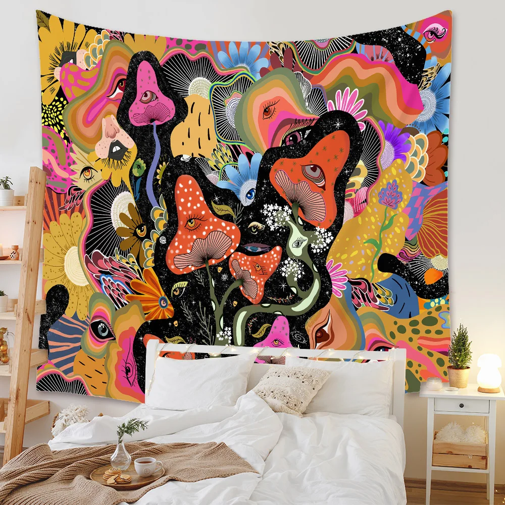 

Colorful Mushroom Wall Tapestry Hippie Psychedelic Eyes Mandala Art Night Scenery Bedroom Home Decoration Polyester Wall Carpet
