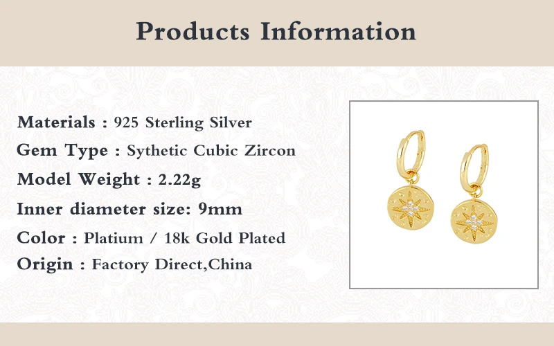 

Canner Hoop Earring For Women 100% Real Sterling 925 Silver PendientesPlata925 Zircon Star Print Huggies Earring Fine Jewelry