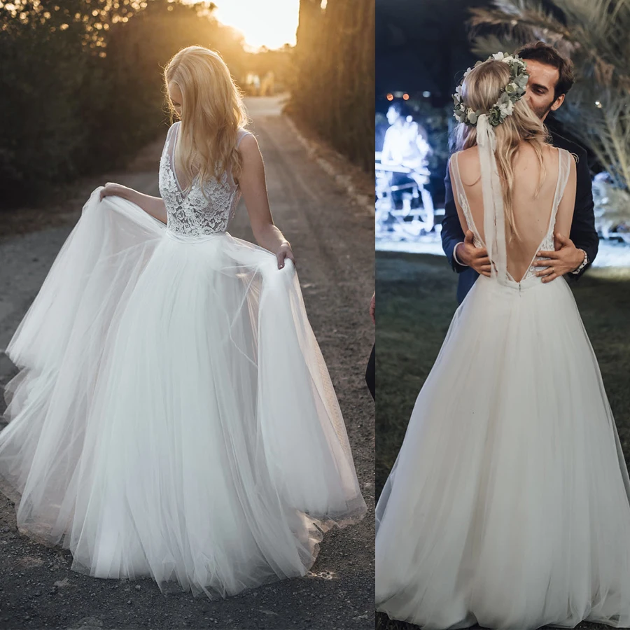 Богемное кружевное и Тюлевое ТРАПЕЦИЕВИДНОЕ прозрачное свадебное платье с v