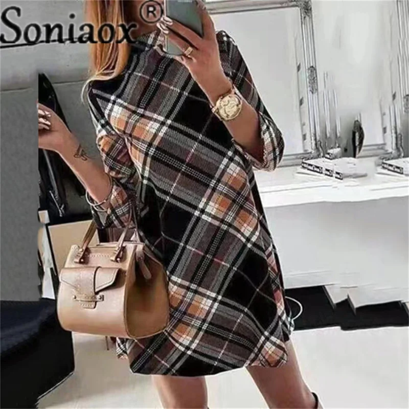 Купи Casual Loose Splice Plaid Printed Long Sleeve Mini Dress For 2021 Autumn Women Fashion Blended Pullover O-Neck Dresses Vestidos за 565 рублей в магазине AliExpress