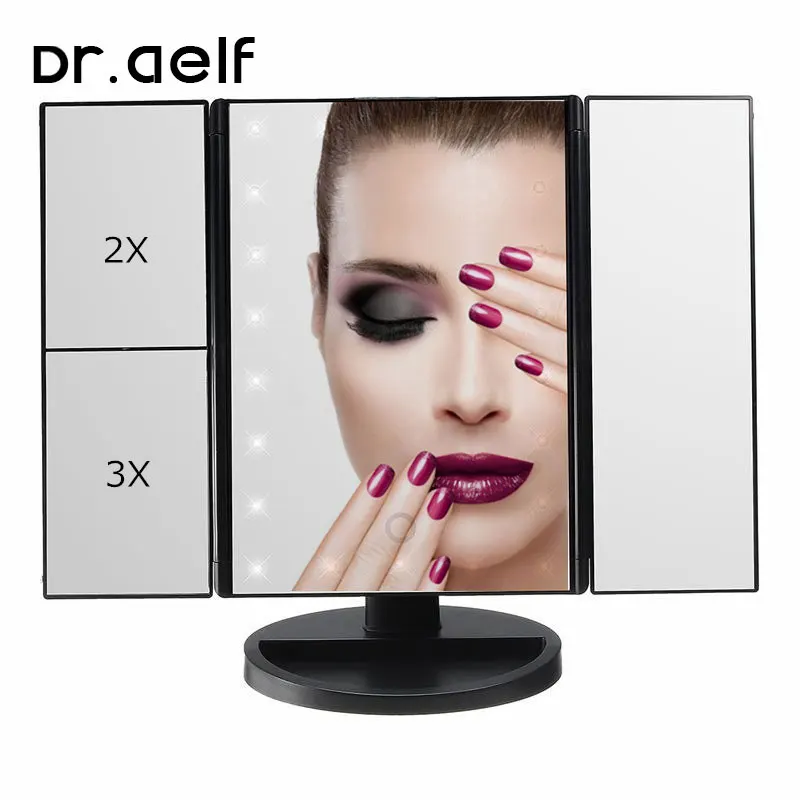 

21 LED Touch Screen 180 Degree Free Rotation Makeup Mirror 1X 2X 3X 10X Magnifying Mirrors Tri-Folded Desktop Lighted Mirror