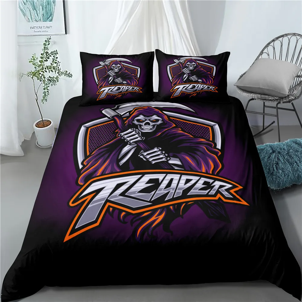 

Art Skull Bedding Set Dark Color Gothic Duvet Cover Skeleton Wearing Helmet Bed Set Mystery Art Bedclothes Microfiber 3-Piece