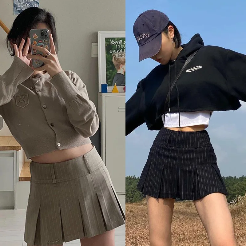 

European and American college pleated skirt women 2021 Summer new high-waist striped thin A-line Short skirt all-match y2k skirt