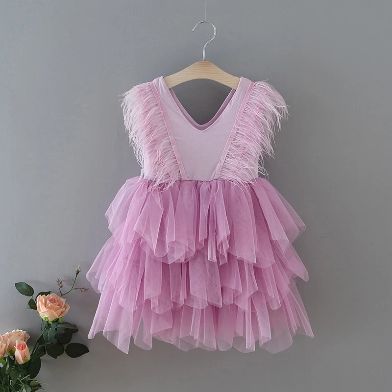 Vestidos de fiesta para ni&ntilde;as, novedad de 2021, cuello en V, pluma, tul esponjoso, pastel, vestidos de princesa para espect&aacute;culo de boda, ropa de beb&eacute; E1955-3