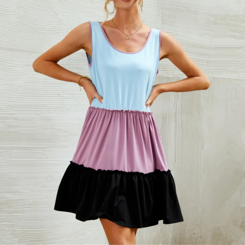 

New Trendy Women Casual Summer Dresses Sleeveless Edging Fungus Pockets Design Patchwork Slim Dress