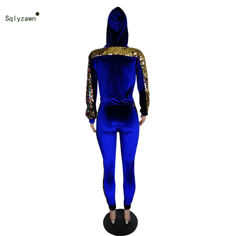 Autumn Winter Velvet Sequins Two Piece Tracksuit Women Long Sleeve Hooded Sweatshirt Top Jogger Pants Velour Matching Outfit | Женская