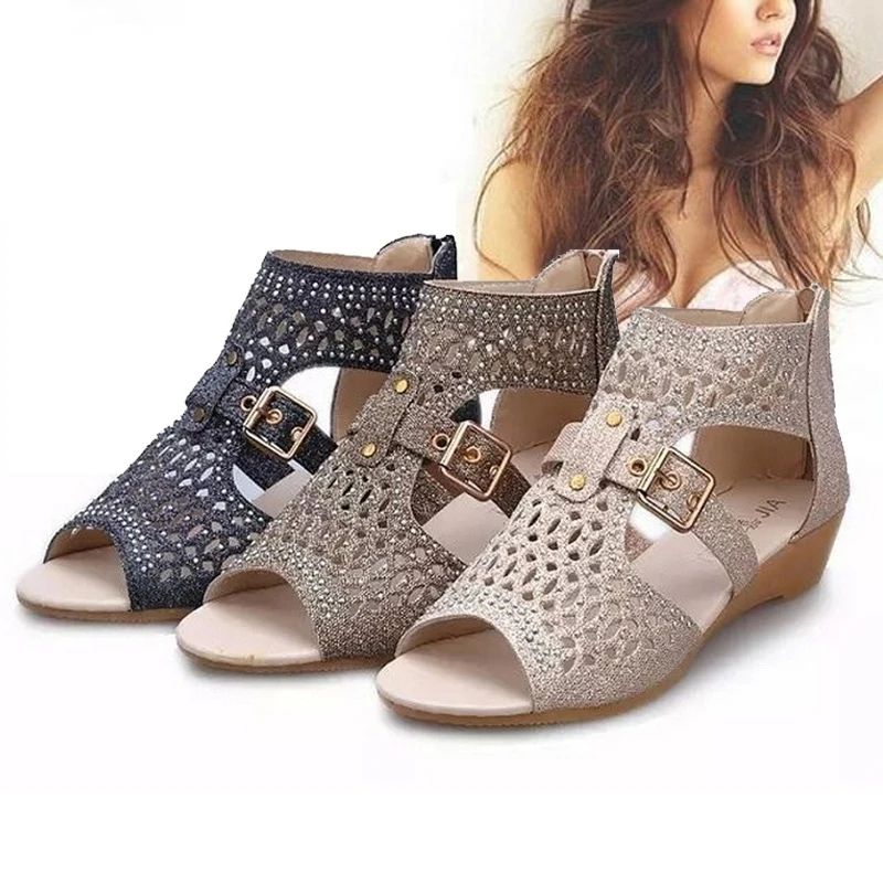 

2021 Women's Wedge Sandals Ladies Fish Mouth Hollow Roma Summer Shoes Fashion Casual Non-slip Crystal Bling Footwear