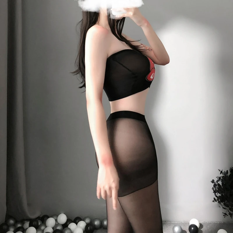 

Women Erotic Strapless See-Through Bodystockings Butterfly Lips Printed Open Crotch Bodysuit Pantyhose Tights Lingerie
