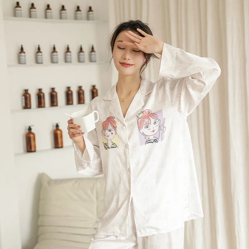 

Women 2PCS Spring New Pajamas Suit Cute Cartoon Print Sleepwear Turn-down Collar Shirt&Pant Home Wear Casual Faux Slik Nightwear