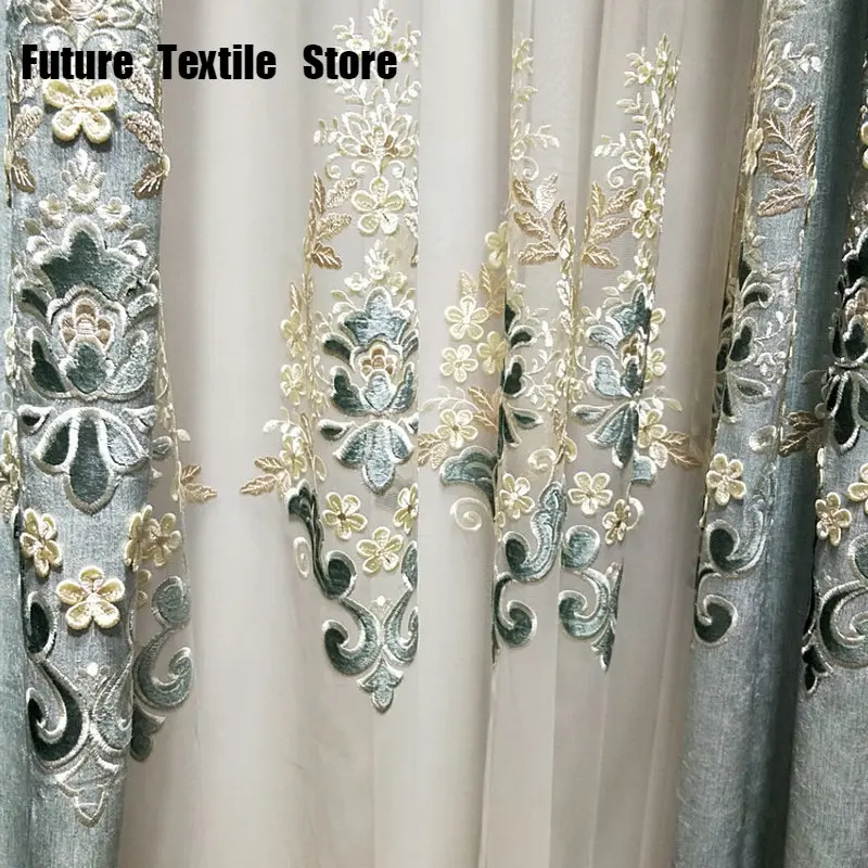 

European-style Chenille Full Blackout Curtains Bay Window Embroidered Curtain Cloth, Finished Living Room and Bedroom Curtains