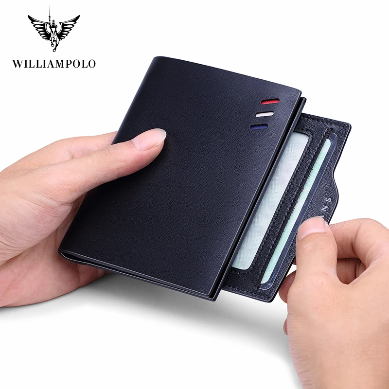 

WILLIAMPOLO New Men's Wallet Short Ultra-thin Cowhide Leather Detachable Driver's License Holster Wallet Card Package