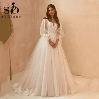 sodigne modern princess wedding dresses puff sleeves lace appliques women long bridal dress dubai a line wedding party gowns