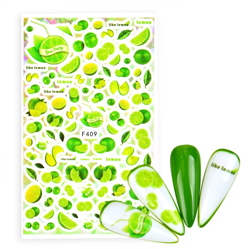 

Новинка 2021, наклейки для дизайна ногтей с зеленым лимоном, красочные геометрические линии, клейкие украшения для дизайна ногтей, шикарные н...