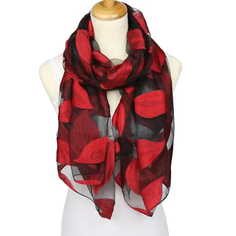 Женский Длинный шарф из органзы Элегантный легкий Шелковый с цветочной вышивкой