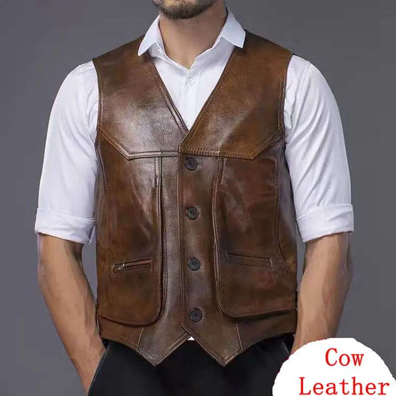 

BONJEAN Genuine Leather Motorcycle Vest Mens Slim Fit Real Cowhide Leather Waistcoat Bikers Vest Size L-8XL sleeveless jacket