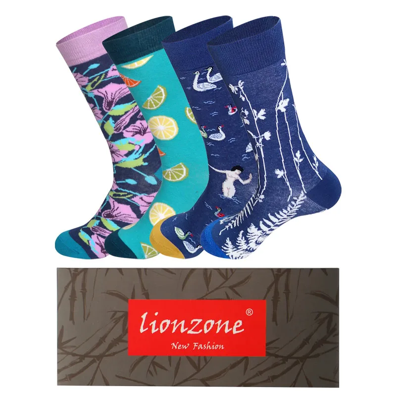 LIONZONE, 4 пар/лот, весна, Новое поступление, носки для мужчин, художественный стиль, уличная мода, хип-хоп дизайн, счастливые носки+ Бесплатный подарок - Цвет: C5-Box