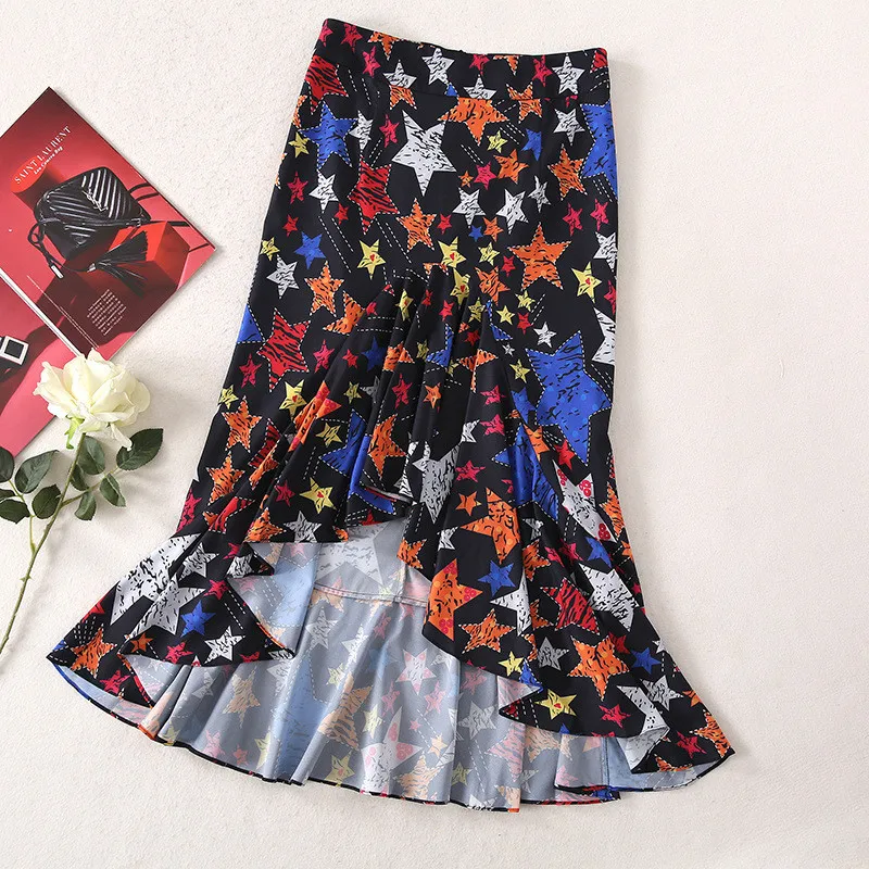 

Summer New Fashion Runway 2 Piece Outfits Women High Quality Print Chiffon Shirt and Midi Trumpet Skirt Suit Vintage Sets