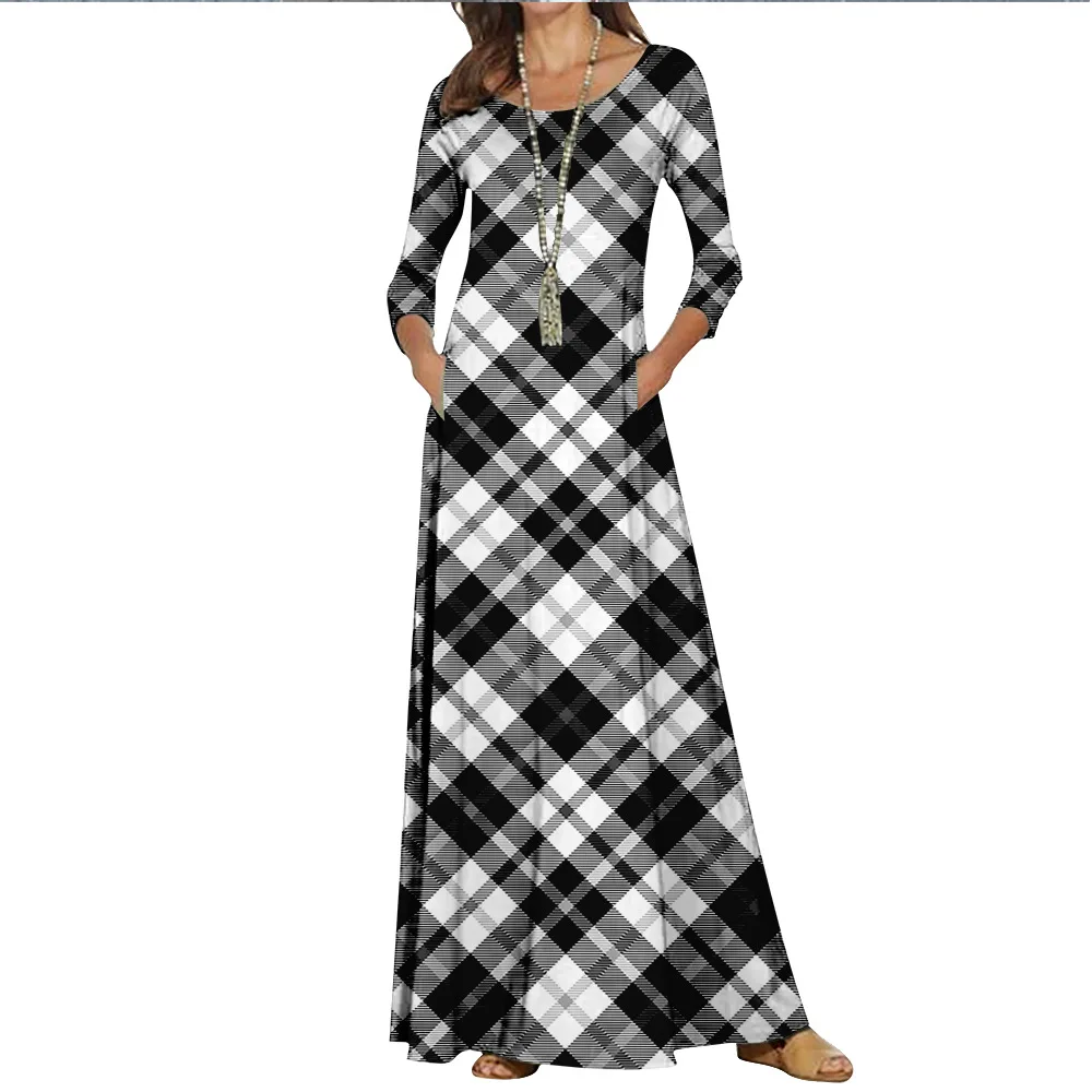 

Cross-border new women's plaid round neck slim dress