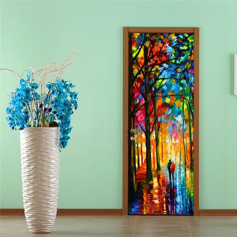 

3d наклейка на дверь, самоклеящиеся водонепроницаемые обои с рисунком, домашний декор, Настенная Наклейка для пары в дождливый день