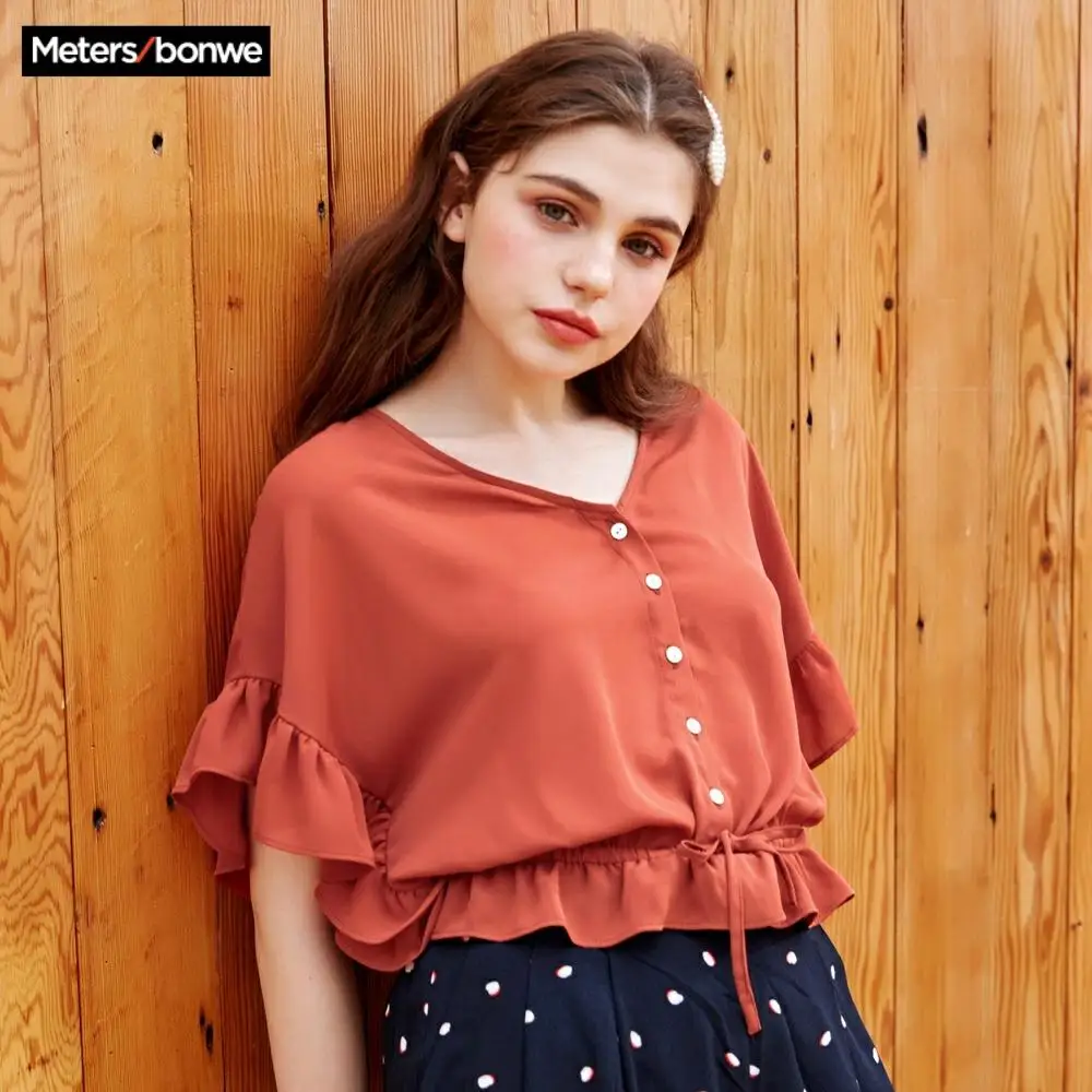 Metersbonwe женские блузки Модная рубашка с коротким рукавом тонкая талия милая