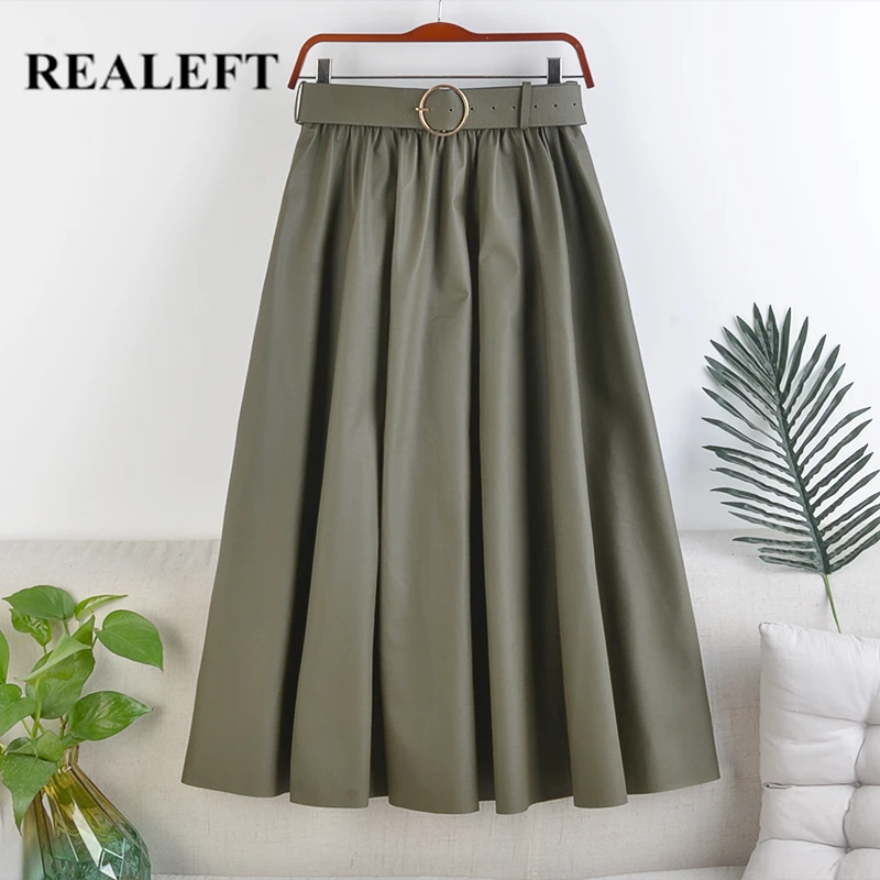 

FAKUNTN Autumn Winter Faux PU-leather mi-long Skirts with Belt High Waist Elegant 2021 New A-line Chic Mid-calf Umbrella Skirts