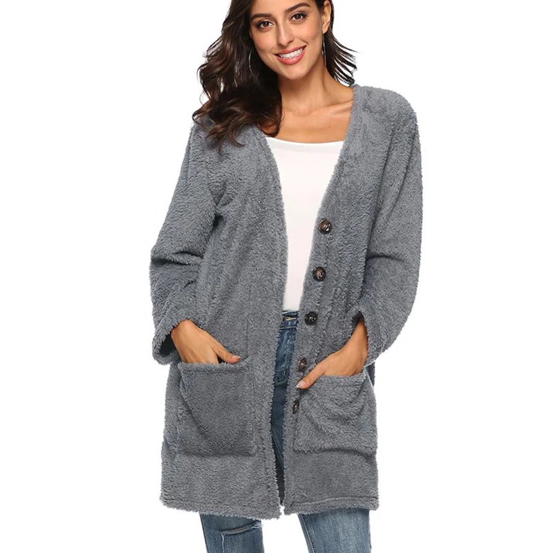 Женский теплый флисовый кардиган пушистая верхняя одежда с длинными рукавами и