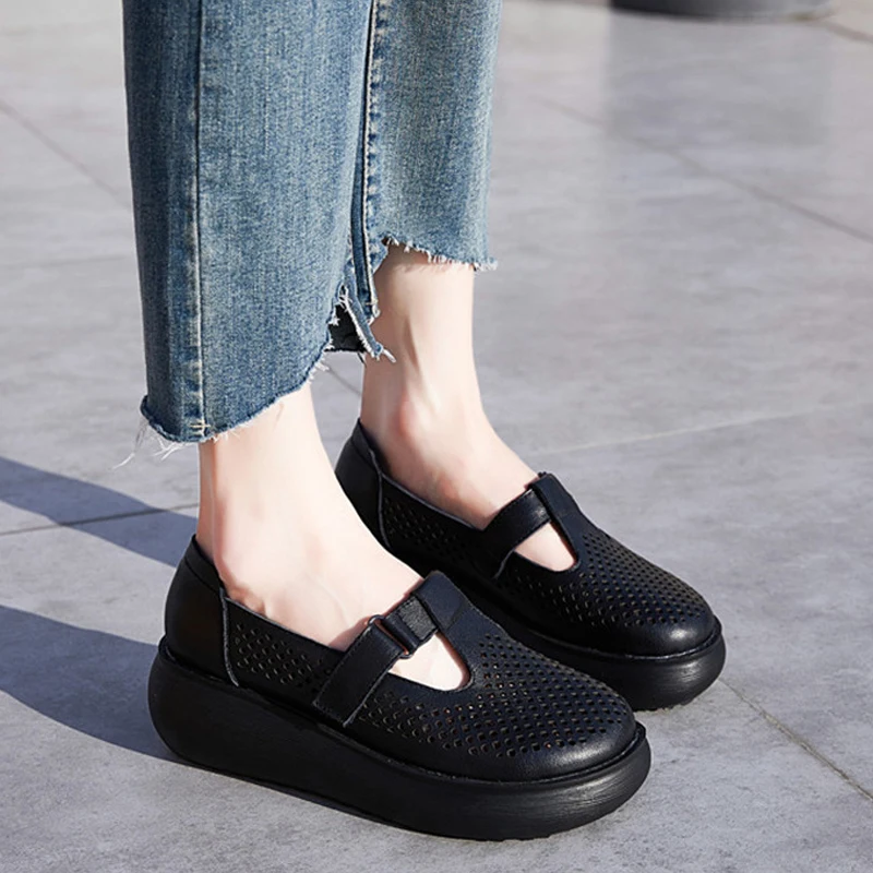 

SNURULAN Genuine Leather Hollow Out Womens Sandals Summer Platform High Heels For Women Wedges Casual Woman Shoes Shallow Slides