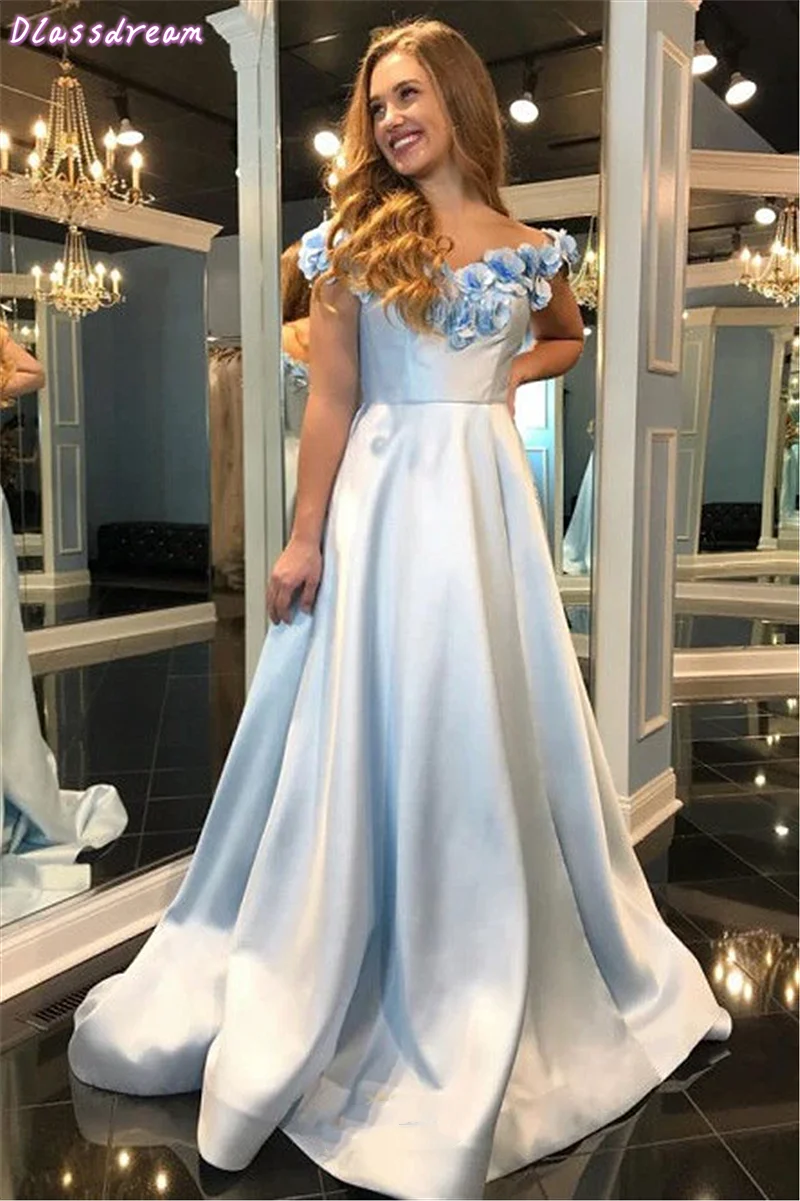 

2020 Prom Dress Sky Blue A-line Split Sweep Train Flowers Off Shoulder Sweetheart Neck Backless Evening Dress robe de soiree