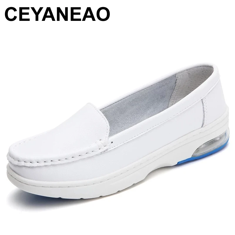 

CEYANEAO Cowhide Platform Women Shoes White Nurse Shoes Sneakers Woman Flats Wedge Slip On Lady Loafers Non-slip Air Cushion