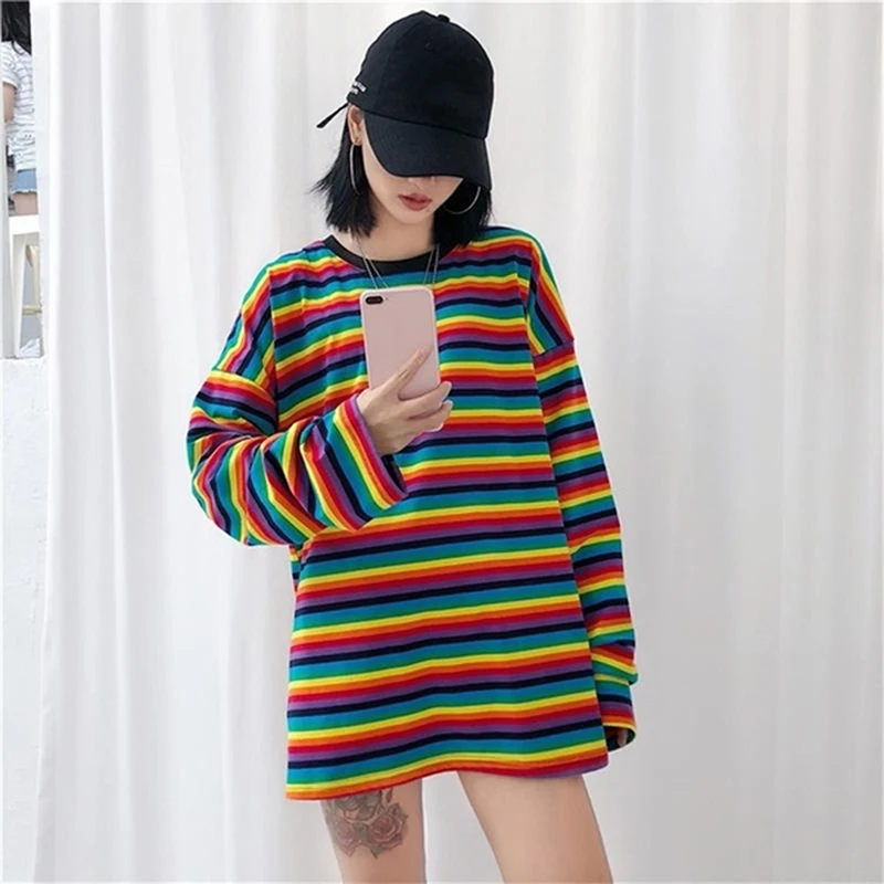 Women Long Sleeve O-neck Colorful Pull Knitwear Striped Jumper Rainbow Sweater Female Knitted Pullovers Femme | Женская одежда